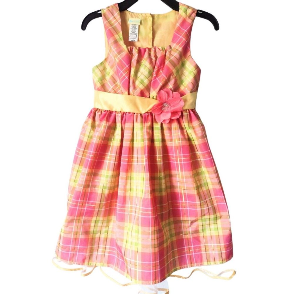 Holiday Editions Plaid Crinoline Dress Sz 7/8 Metallic Sequin Flower Bow Easter